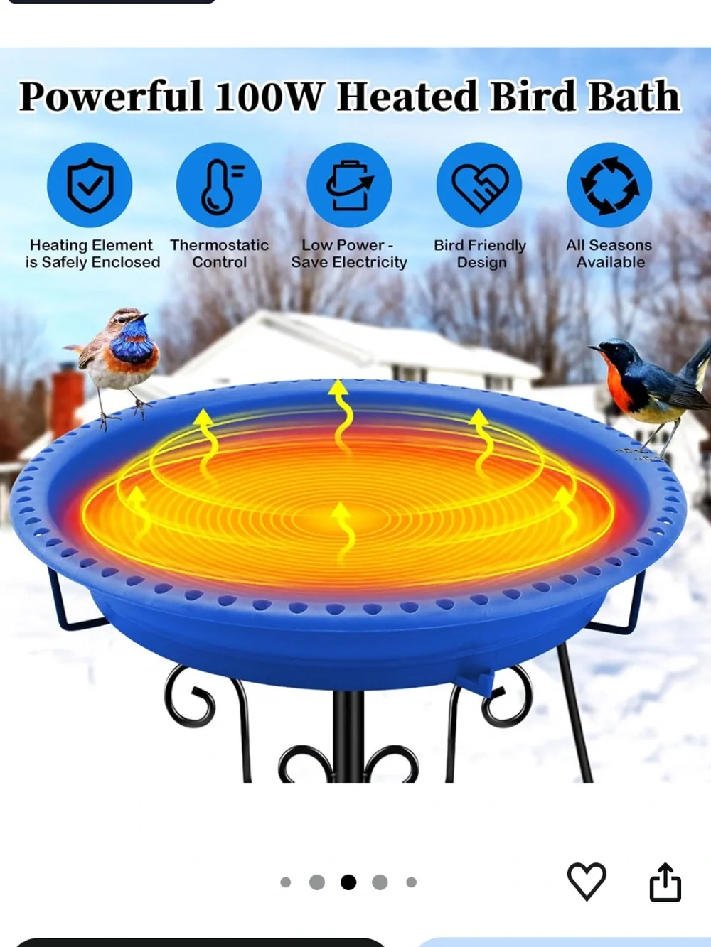 Heated Bird Bath for Outdoors Winter, 100W Heated Birdbath with Stake Blue041